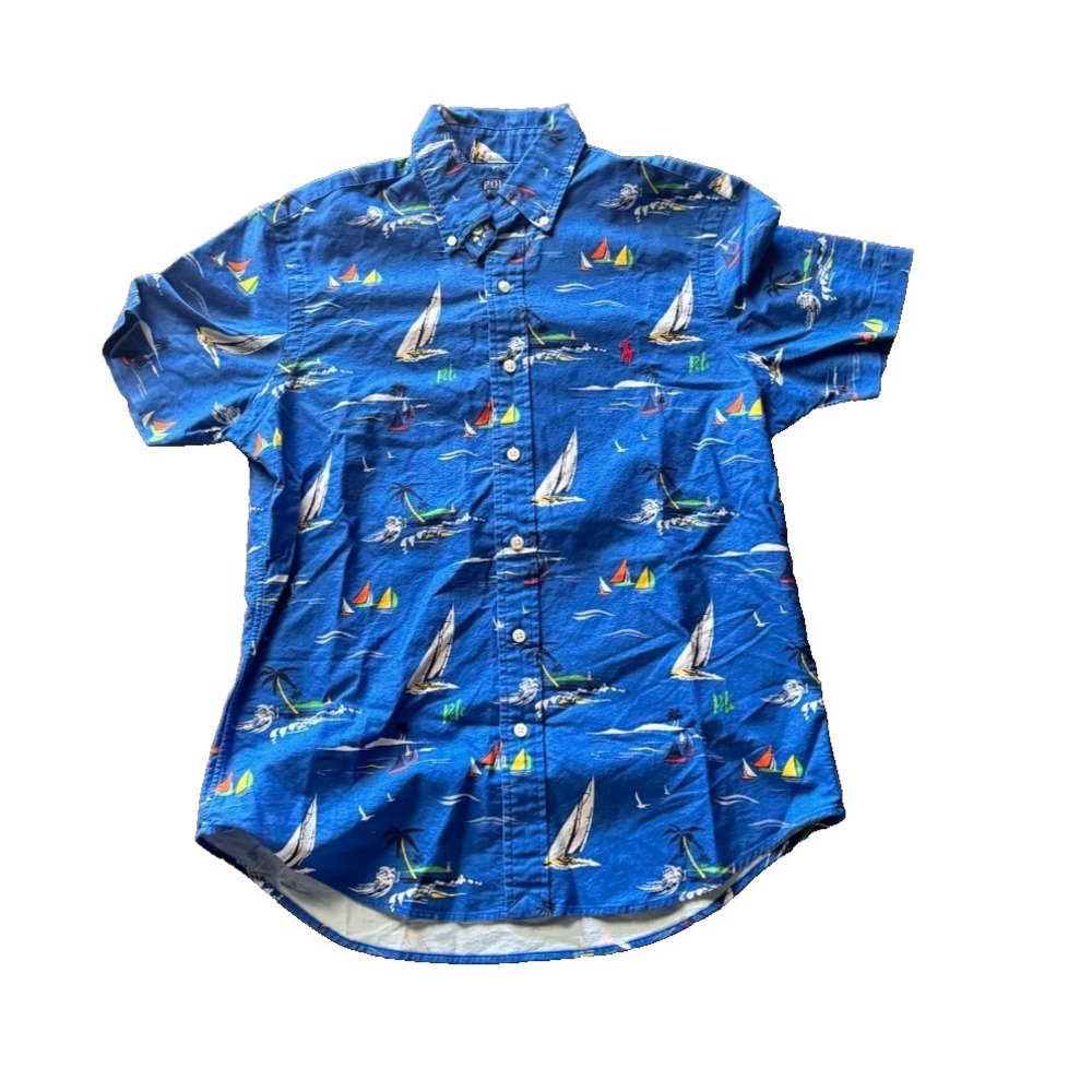 Polo Ralph Lauren Short Sleeve Shirt Small Blue Sailboat Islands Cotton Oxford